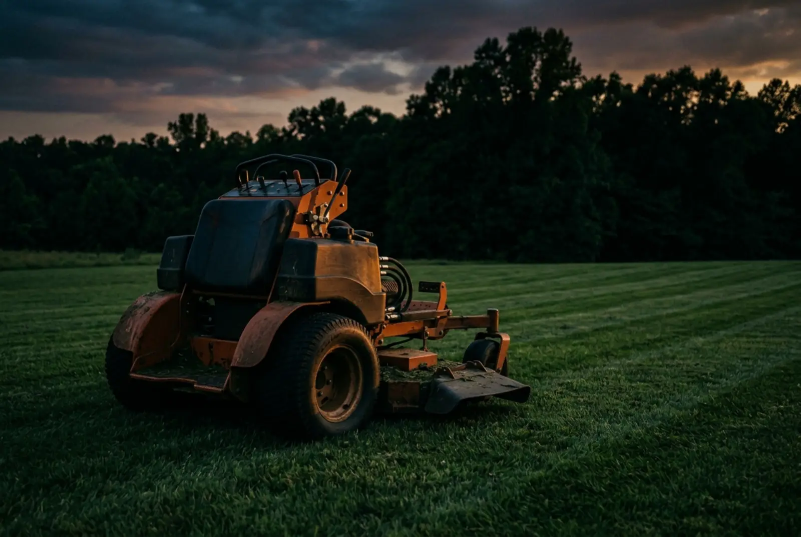 Commercial stand-on zero-turn mower parked on a striped lawn at dusk