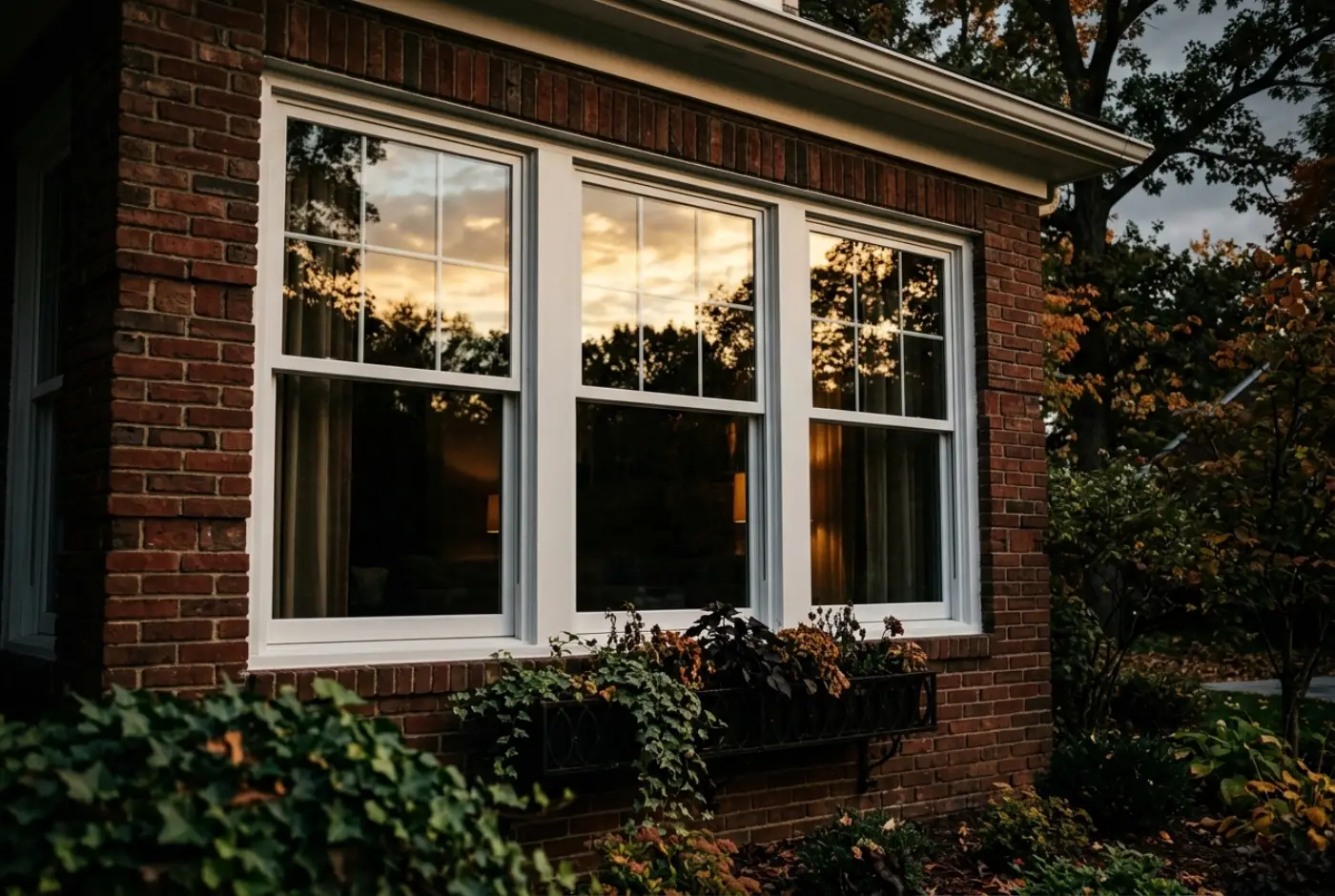 Clean streak-free exterior windows on a brick home reflecting a golden-hour sky
