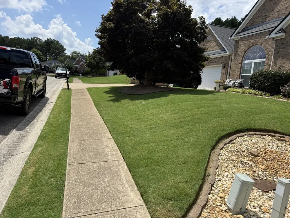 Front lawn edged along a curving sidewalk and driveway, with a stone-bordered gravel bed and a mulched tree ring, everything trimmed and blown off