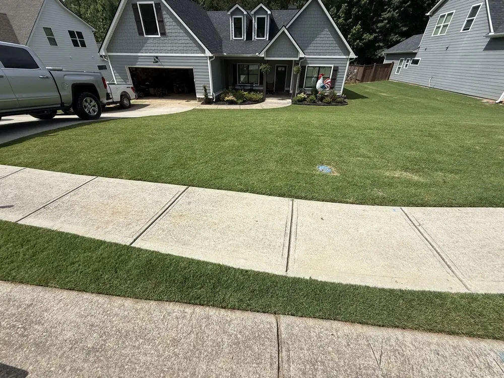 Front yard mowed and edged with a sharp clean line along the concrete sidewalk and driveway, with no clippings left on the pavement